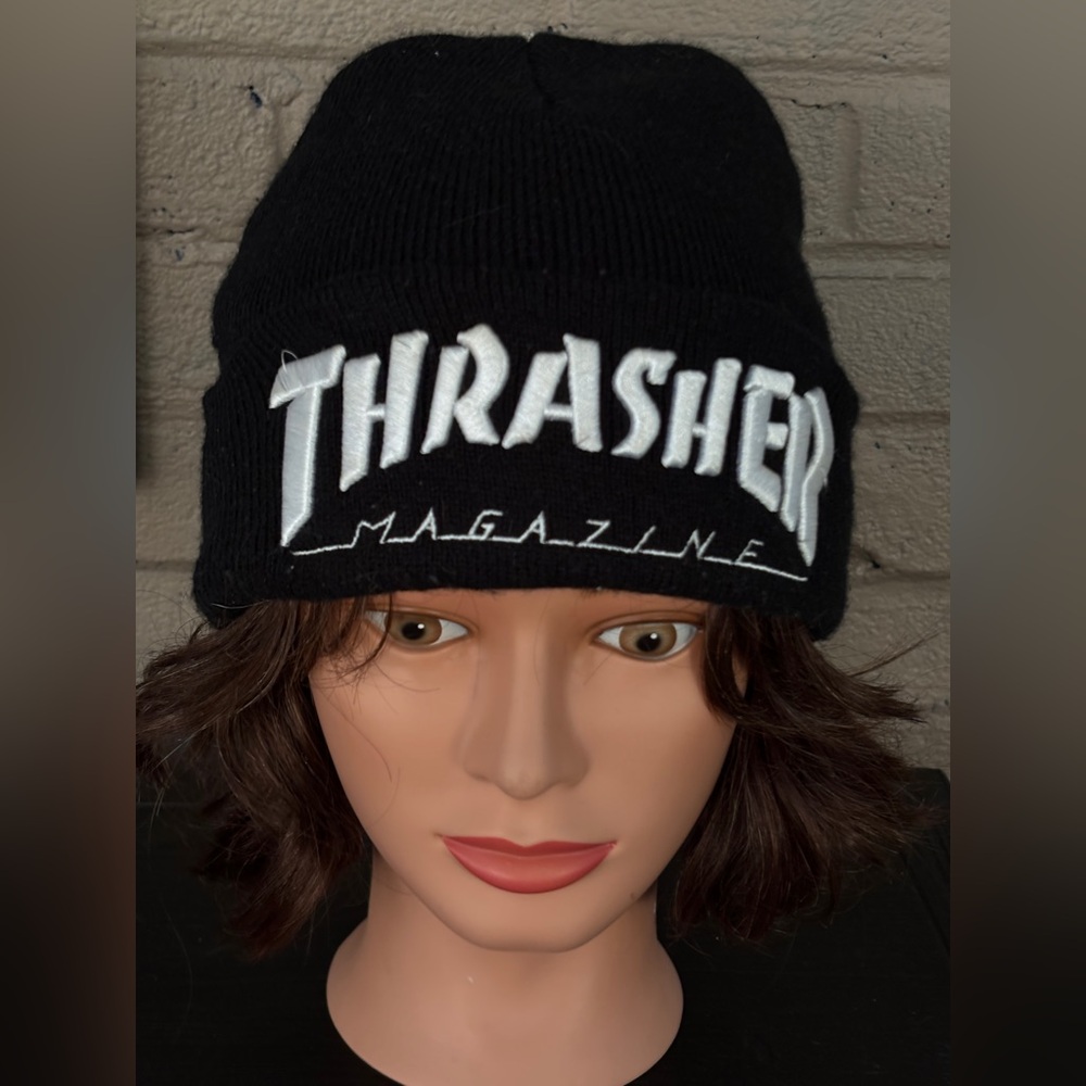 Thrasher Black Beanie with White Embroidered Logo -Unisex